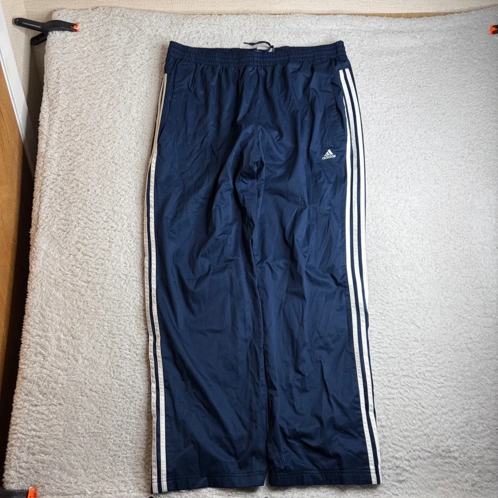 Y2K Adidas Track Pants Mens 2XL Navy Blue White baggy open leg loose